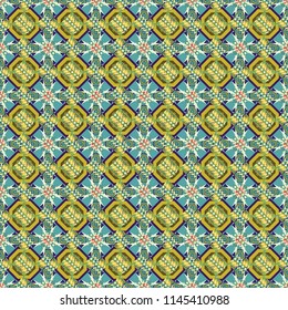 Ethnic motif. Seamless pattern in blue, green and beige colors. Vector illustration. Vintage mosaics.