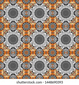 Ethnic motif. Vintage mosaics. Seamless pattern in gray, orange and blue colors. Vector illustration.