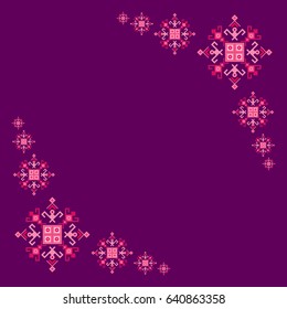 Ethnic motifs graphic design elements - corners for text frame, embroidery style card borders. Native american motif with mayan symbols, navajo pattern, folk art. Traditional frame vector ornament.