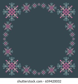 Ethnic motifs graphic design elements - text frame, embroidery style card border. Native american motif with mayan symbols, navajo pattern, folk art. Pink and blue frame vector background.