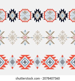 Ethnic Motifs Hand Drawn Vector Seamless Horizontal Decorative Borders Set