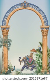 Jardín étnico Mughal con arco, elefante, pavo real, ilustración de patrón de Vector de flores para invitación