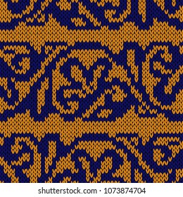 Ethnic multicolour motley background in yellow and blue colors, seamless knitting vector pattern as a fabric texture