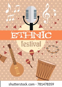 Ethnic music festival poster with ethnic musical instruments. Vector Illustration