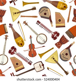 Ethnic musical instrument seamless pattern with lute and drum, violin, lyre, mandolin and banjo, sitar, wooden flute and psaltery, balalaika, accordion and rebec. Folk music themes design