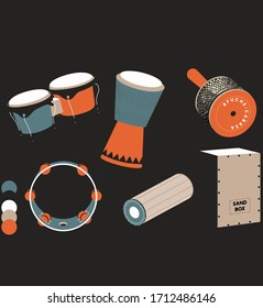 instrumentos musicales étnicos - bongo drum, djembe, cajon, cabasa, shaker, tambourine