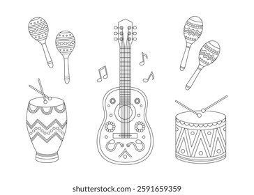 Ethnic musical instruments coloring page. Outline set with guitar, drum, drumsticks, conga, maracas and notes. Latin music festival, brazil carnival contour collection. Coloring book for print