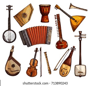 Esbozos de instrumentos musicales étnicos. viola italiana, flauta y acordeón, sitar indio, banjo americano, tambor djembe africano, balalaika rusa, shamisen japonés e ícono aislado ucraniano bandura bandura