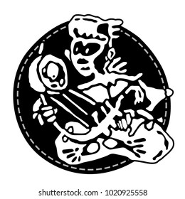 Ethnic musician plays an ancient stringed instrument kora. African and native American tribal music. Emblem sticker in Black and white hand draws vector illustration.