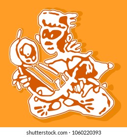 Ethnic musician plays an ancient stringed instrument kora. African and native American tribal music. Emblem sticker in hand draws style. Vector illustration.