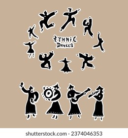 ethnic musicians , dancing people vector icon set , black silhouettes collection