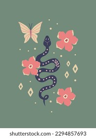 Ethnic mysterious snake with flowers and butterfly. Boho magic wildlife. Vintage sacred insect. Poster, flyer, card.