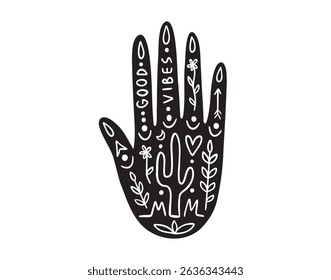ethnic, mystic or hippie hand palm poster tattoo. hand with pattern icon doodle hand drawn. Outline drawing hand palm tattoo line clipart symbol. Vector illustration