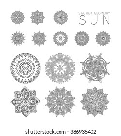 Ethnic mystical pattern with triangle and circles. Mandala Ethnic circle ornament. Sacred geometry icons of sun.