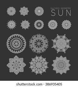 Ethnic mystical pattern with triangle and circles. Mandala Ethnic circle ornament. Sacred geometry icons of sun.