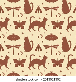 Ethnic mystical seamless pattern with magic cat, butterfly, moon, star on beige background. Flat vector illustration. Design for wallpaper, wrapping, textile