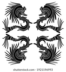Ethnic Native American design with fantastic animals. Quetzalcoatl Feathered Serpent. Mythology of Aztec Indians. Black and white silhouette.