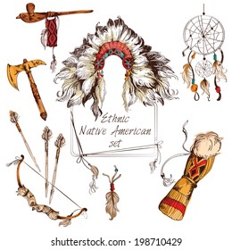 Ethnic native american indian tribal chief sketch colored decorative elements set isolated vector illustration