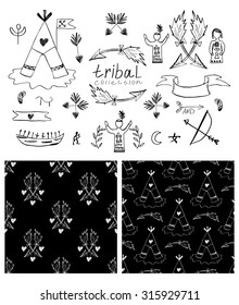 ethnic native american indian tribal chief sketch black and white decorative elements set / collection isolated vector  elements and 2 black seamless  patterns