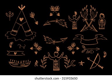 ethnic native american indian tribal chief sketch decorative elements set / collection isolated vector  elements 