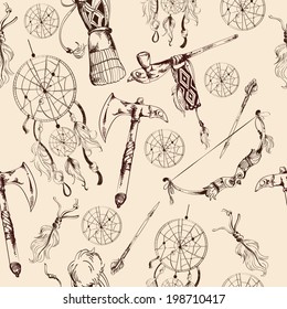 Ethnic native american indian tribes hand drawn seamless pattern vector illustration