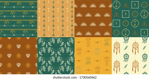 Ethnic native ornamental seamless patterns set with dream catchers, lotos flowers, feather amulets, etc. Hand drawn vector backgrounds