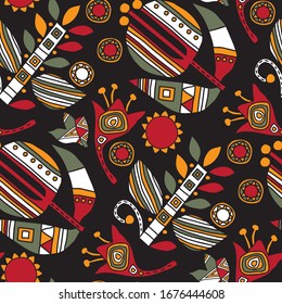 Ethnic, native style seamless pattern of abstract, hand drawn shapes