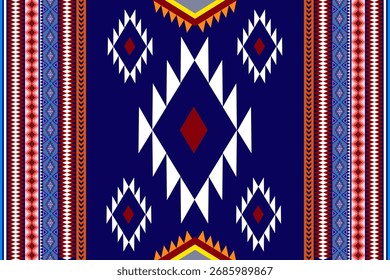 Ethnic Navajo seamless pattern with bold Southwest design. Features geometric diamonds and triangles in blue, white, red, and orange. Perfect for fabric, rugs, or home decor.