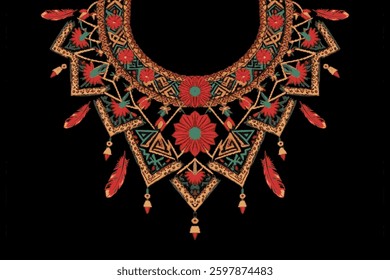 Ethnic Neck Collar Embroidery for fashion and other uses in vector. Geometric oriental pattern ethnic traditional flower necklace embroidery designs for fashion clothes, t-shirts in tribal style.