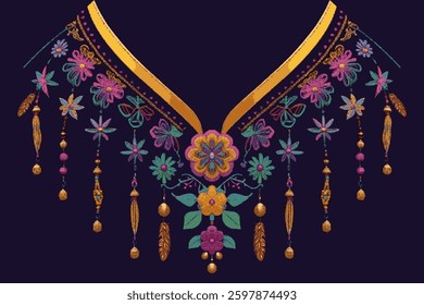 Ethnic Neck Collar Embroidery for fashion and other uses in vector. Geometric oriental pattern ethnic traditional flower necklace embroidery designs for fashion clothes, t-shirts in tribal style.