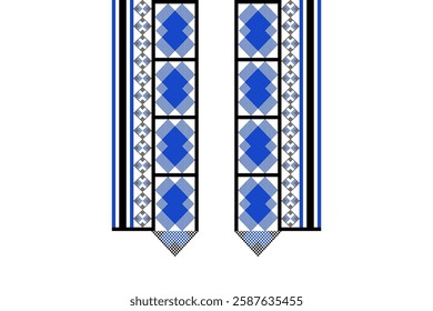 Ethnic neck design with blue, black, white colors. Ethnic geometric design for men collar. Stylish, pixel art, tradition, abstract shape, neckline, minimal concept for men fashion, cloth, textiles.