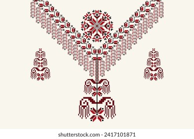 Ethnic neck embroidery floral pattern. Ethnic neckline floral design. Vector geometric neckline traditional stitch pattern. Embroidery collar shirts fashion. Ethnic woman blouse, clothing fashion.