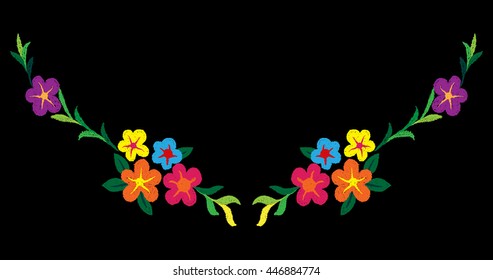 Ethnic neck line embroidery flowers doodles, graphic designs for fashion and other uses in the vector