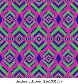 Ethnic neon color on pink background, seamless pattern for textile, embroidery and fashion.