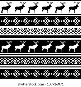 Ethnic nordic christmas seamless pattern background with deer. Vector illustration in black and white colors. monochrome