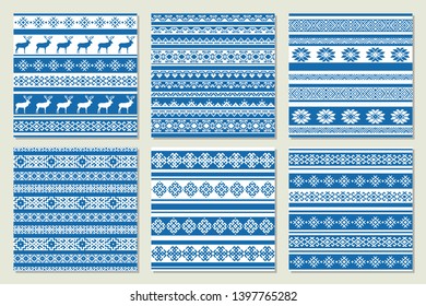 Ethnic nordic pattern with deer in blue and white colors. Vector illustration.