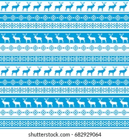 Ethnic nordic pattern with deer in blue and white colors. Vector illustration.