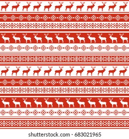 Ethnic nordic pattern with deer in red and white colors. Vector illustration.