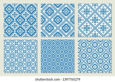 Ethnic nordic patterns set collection in blue and white colors. Vector illustration.