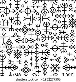 Ethnic Norwegian Icelandic seamless pattern. Runic talismans of the Vikings and northern peoples. Magic and magical runes. Pagan signs. Futhark repeatable background. Vector. 