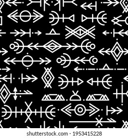 Ethnic Norwegian Icelandic seamless pattern. Runic talismans of the Vikings and northern peoples. Magic and magical runes. Pagan signs. Futhark repeatable background. Vector. 