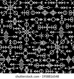 Ethnic Norwegian Icelandic seamless pattern. Runic talismans of the Vikings and northern peoples. Magic and magical runes. Pagan signs. Futhark repeatable background. Vector 