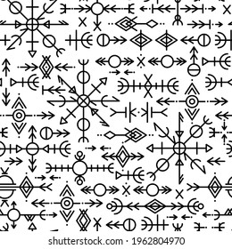 Ethnic Norwegian Icelandic seamless pattern. Runic talismans of the Vikings and northern peoples. Magic and magical runes. Pagan signs. Futhark repeatable background. Vector 