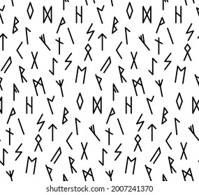 Ethnic Norwegian Icelandic seamless pattern. Runic talismans of the Vikings and northern peoples. Magic and magical runes. Pagan signs. Futhark repeatable background. Vector illustration