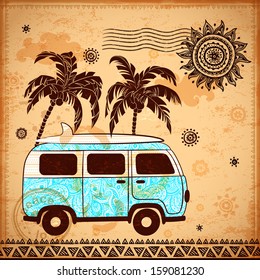 Ethnic old fashion bus illustration can be used as a greeting card 