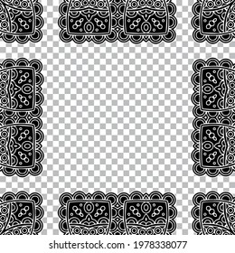 Ethnic openwork frame with exclusive national flavor. Geometric isolated black white element for ornament. Template for creativity, coloring, presentations.