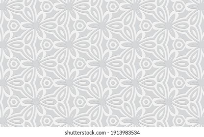 Ethnic openwork geometric convex volumetric white background from a 3D ornament. Texture for design and decor, wallpaper, presentations.