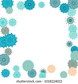 Ethnic Orient Background with Simple Mandala Motives. Outline Round Patterns on White Background. Bohemian Vintage  Background in Indian Style. Lacy Medallions. Moroccan, Turkish or Arabic Pattern