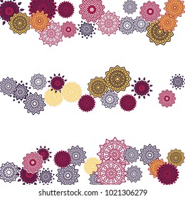 Ethnic Orient Background with Simple Mandala Motives. Outline Round Patterns on White Background. Bohemian Vintage  Background in Indian Style. Lacy Medallions. Moroccan, Turkish or Arabic Pattern