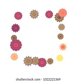 Ethnic Orient Background with Simple Mandala Motives. Outline Round Patterns on White Background. Bohemian Vintage  Background in Indian Style. Lacy Medallions. Moroccan, Turkish or Arabic Pattern